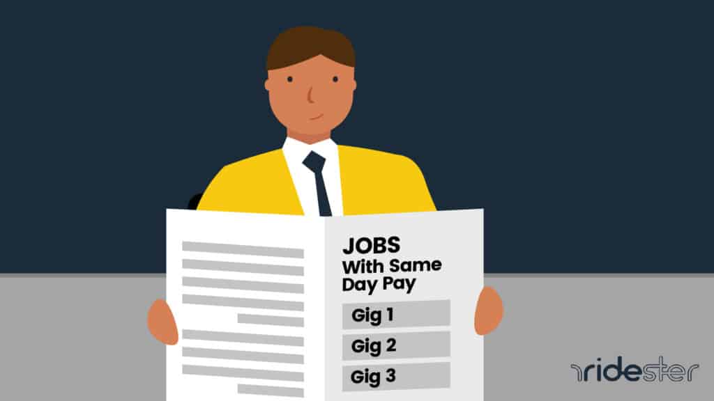 vector graphic showing a man reading a newspaper and on the front it reads "jobs with same day pay"