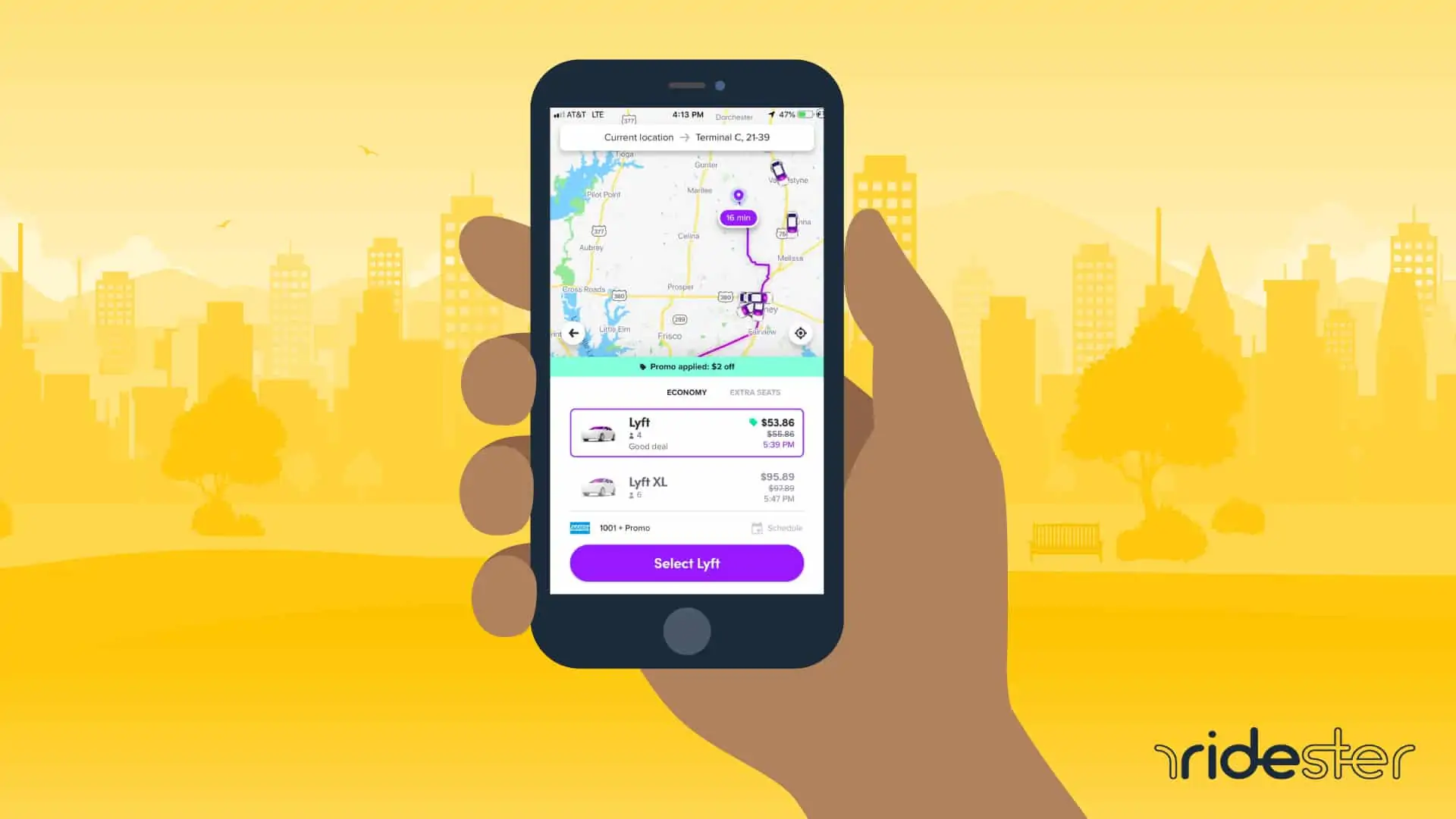 vector graphic showing hand holding phone and user in the process of schedule lyft rides