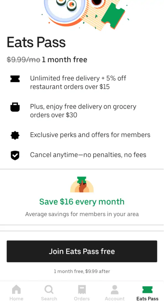 screenshot of how to sign up for uber eats pass
