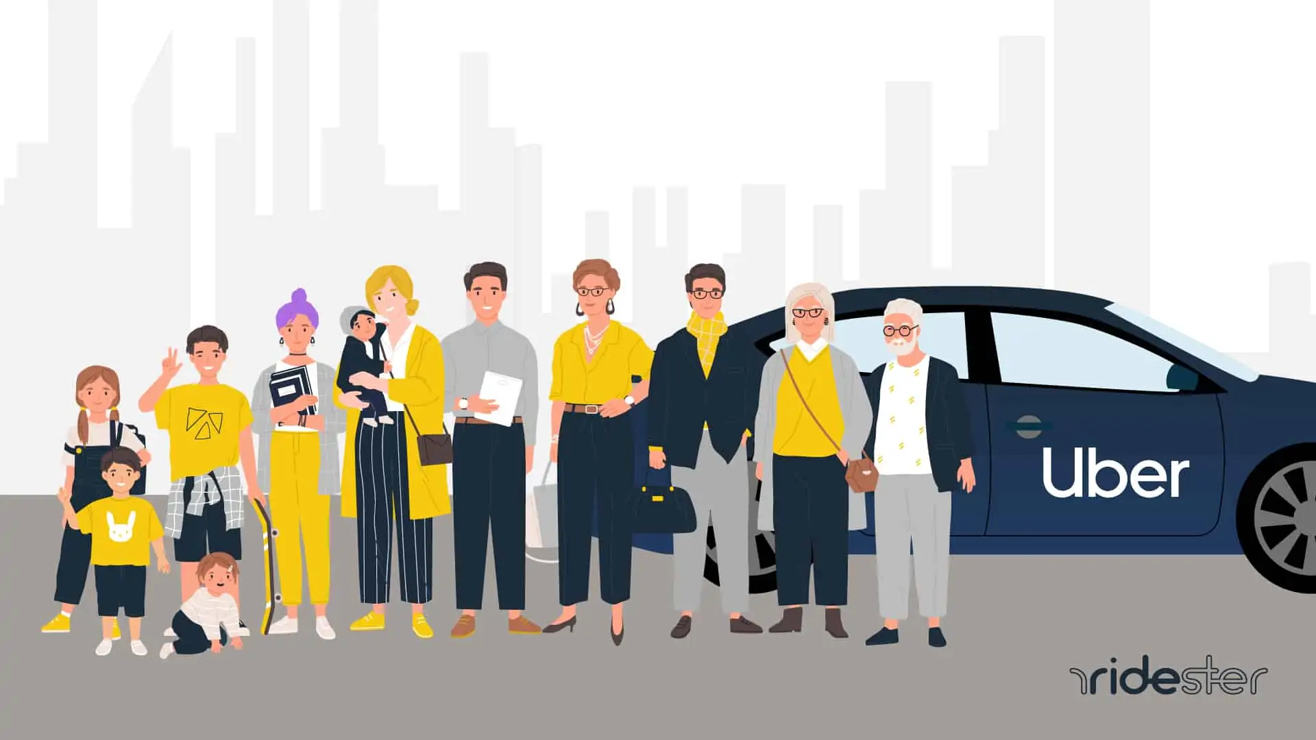 vector graphic showing a handful of people to illustrate the uber age limit for driving