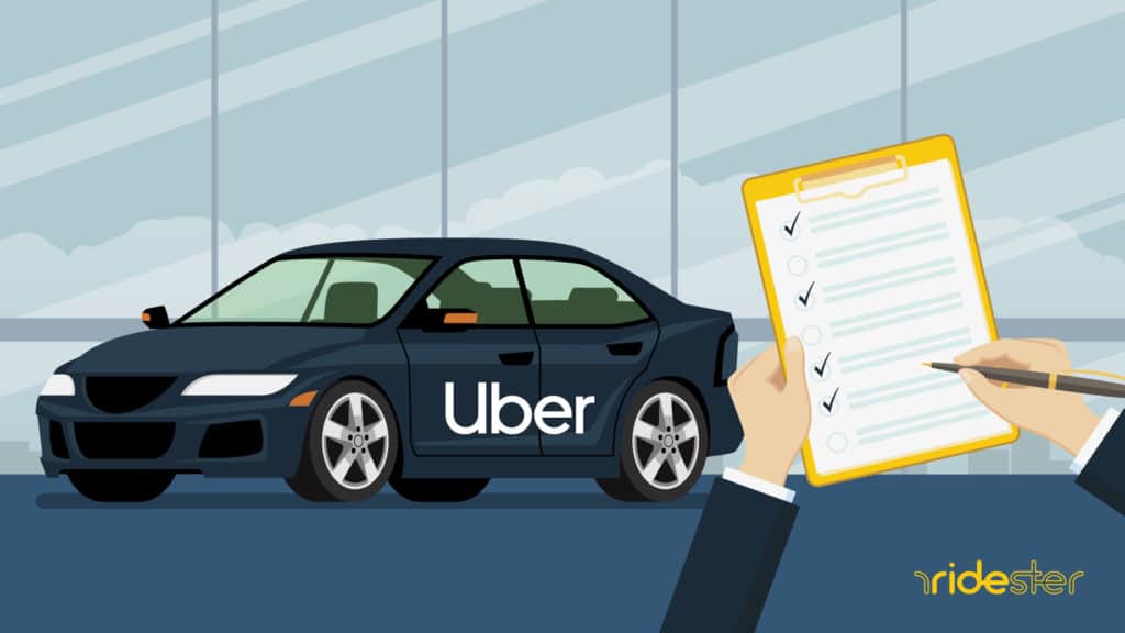 vector graphic showing a clipboard with Uber car requirements on it and an Uber vehicle behind it getting evaluated