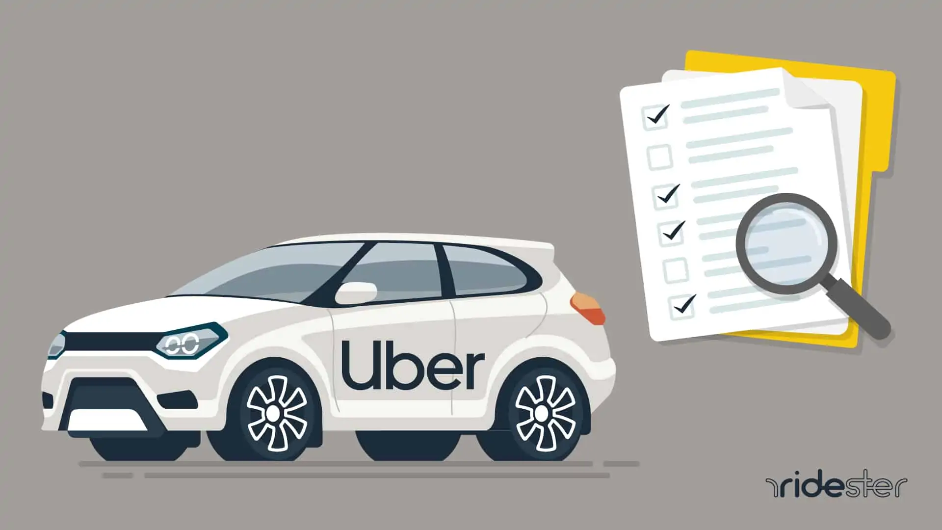 vector graphic showing a clipboard with Uber car requirements on it and an Uber vehicle behind it getting evaluated