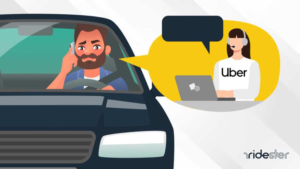 Vector graphic showing a confused Uber driver speaking with Uber driver support on the phone