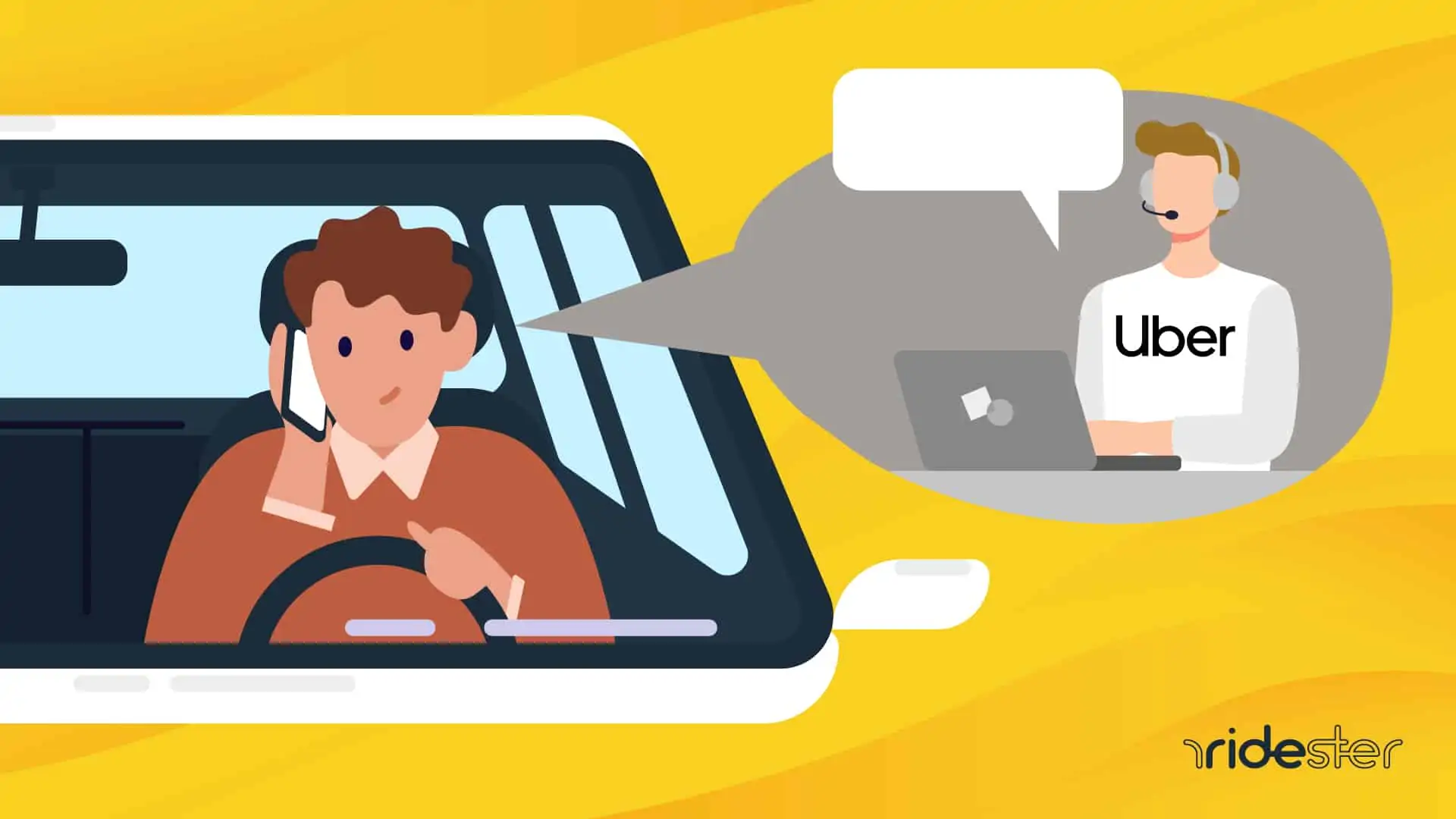 Vector graphic showing a confused Uber driver speaking with Uber driver support on the phone
