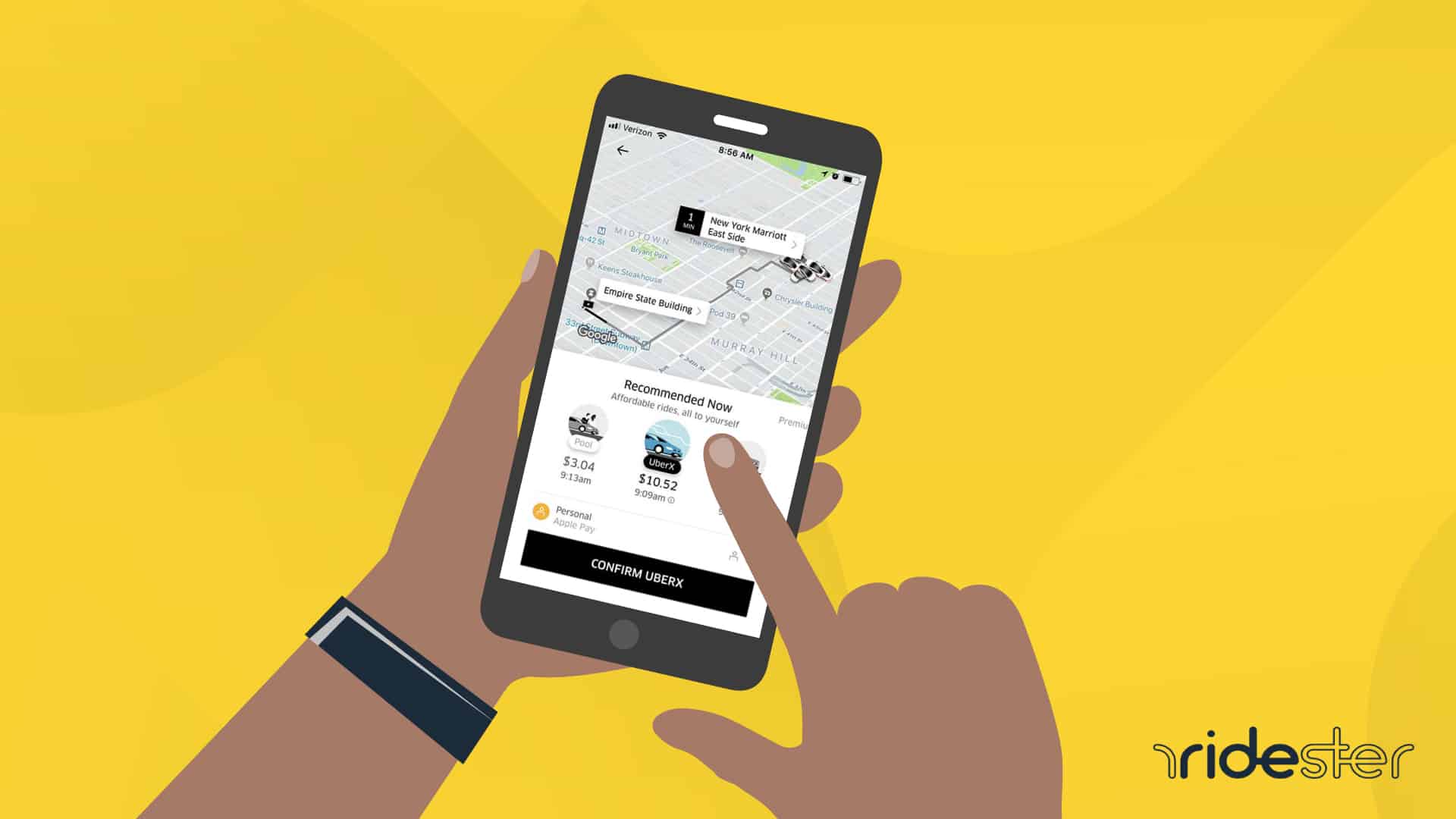 vector graphic showing a hand holding a phone running the uber app and the screen displaying an uber estimate