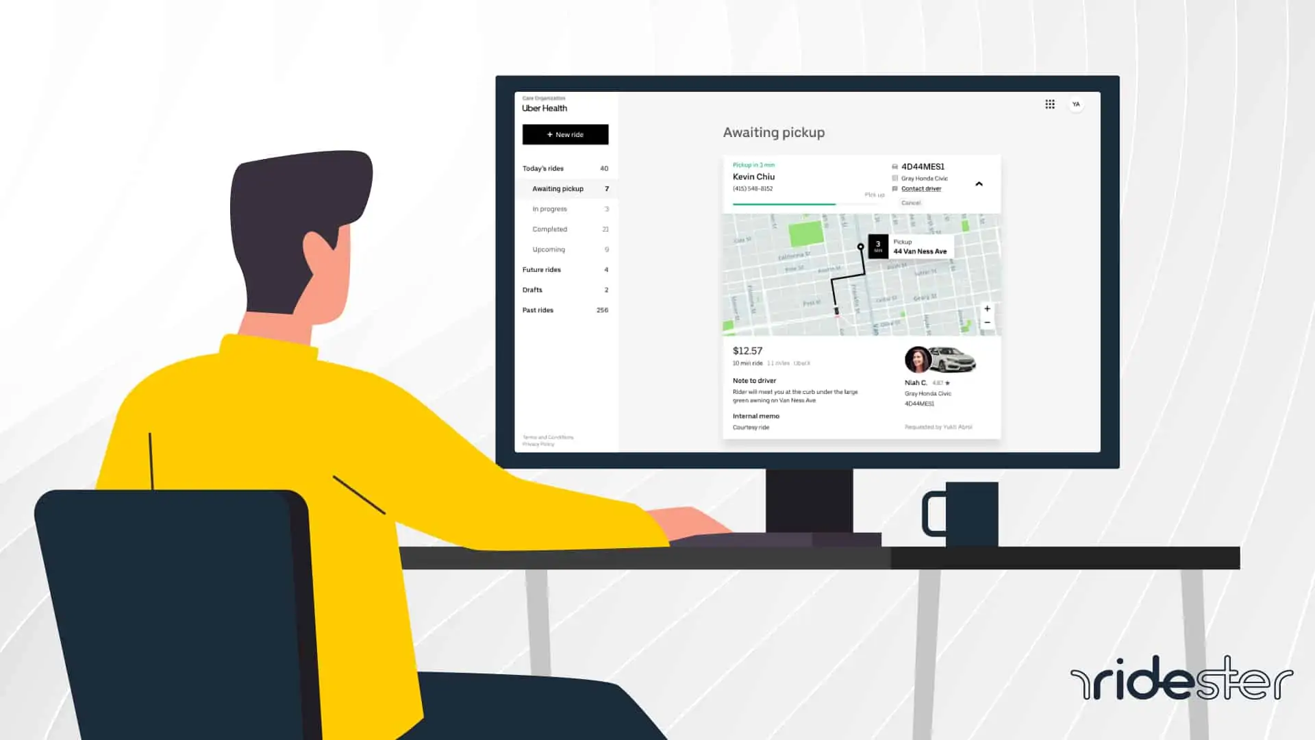 vector graphic showing illustration of Uber Health user sitting at computer