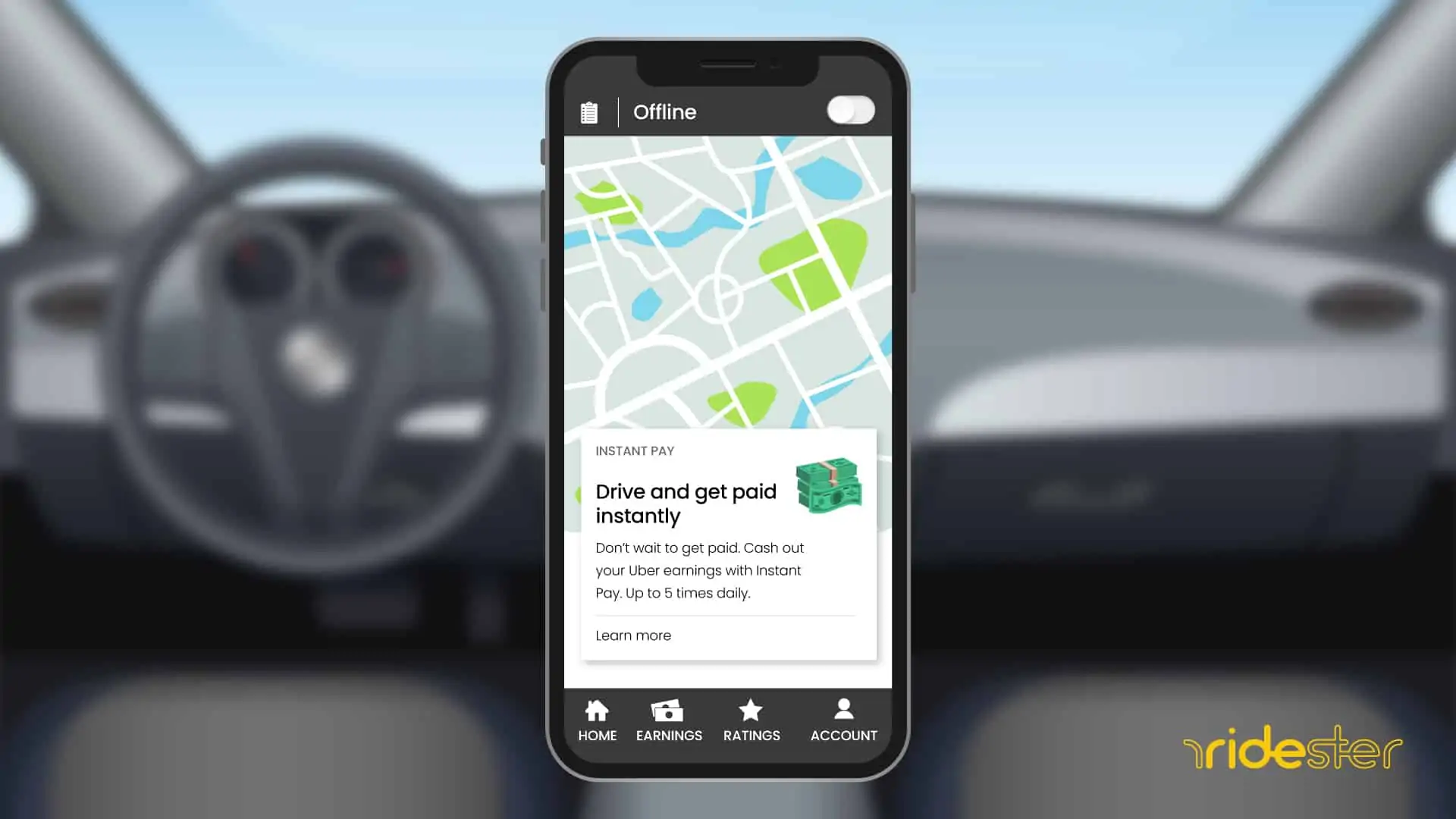 vector graphic showing mobile phone with Uber Instant pay screen on it