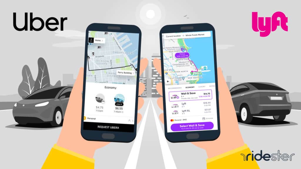 vector graphic showing two hands holding two phones. One has Uber running and the other Lyft. This demonstrates Uber vs Lyft fees and pricing