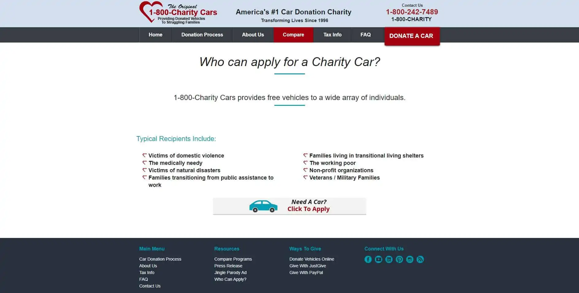 screenshot of the 1-800-charity-cars homepage