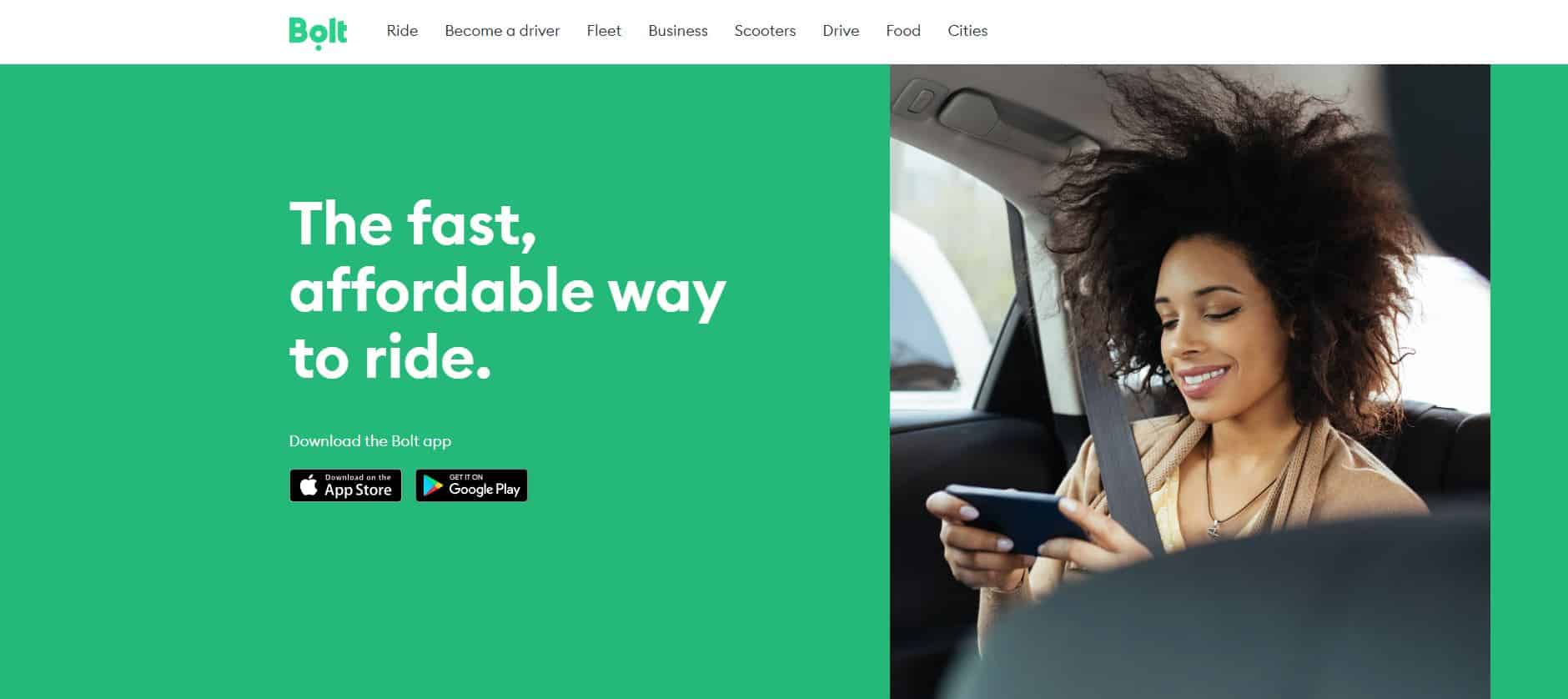 screenshot of bolt rideshare service homepage