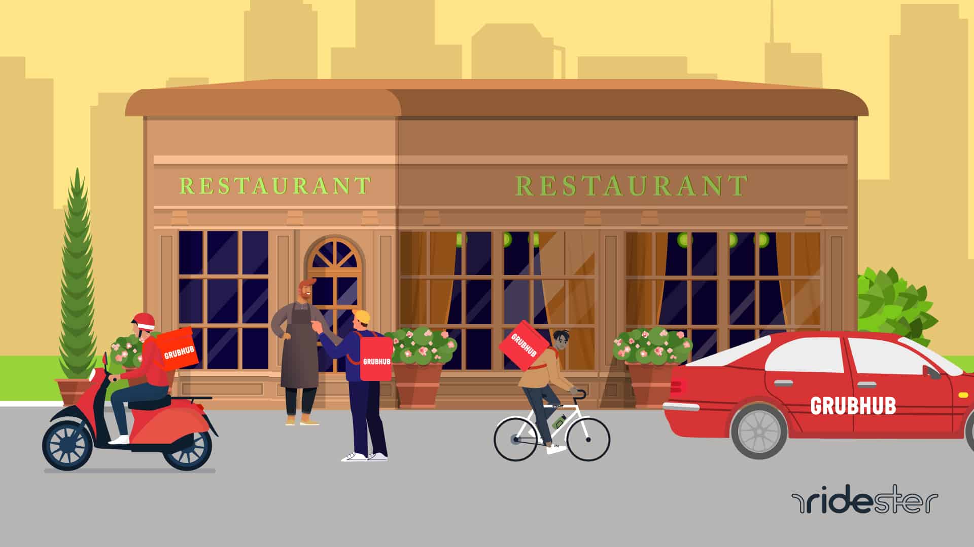 vector graphic showing grubhub drivers pickup up food from a restaurant as part of the grubhub for restaurants program