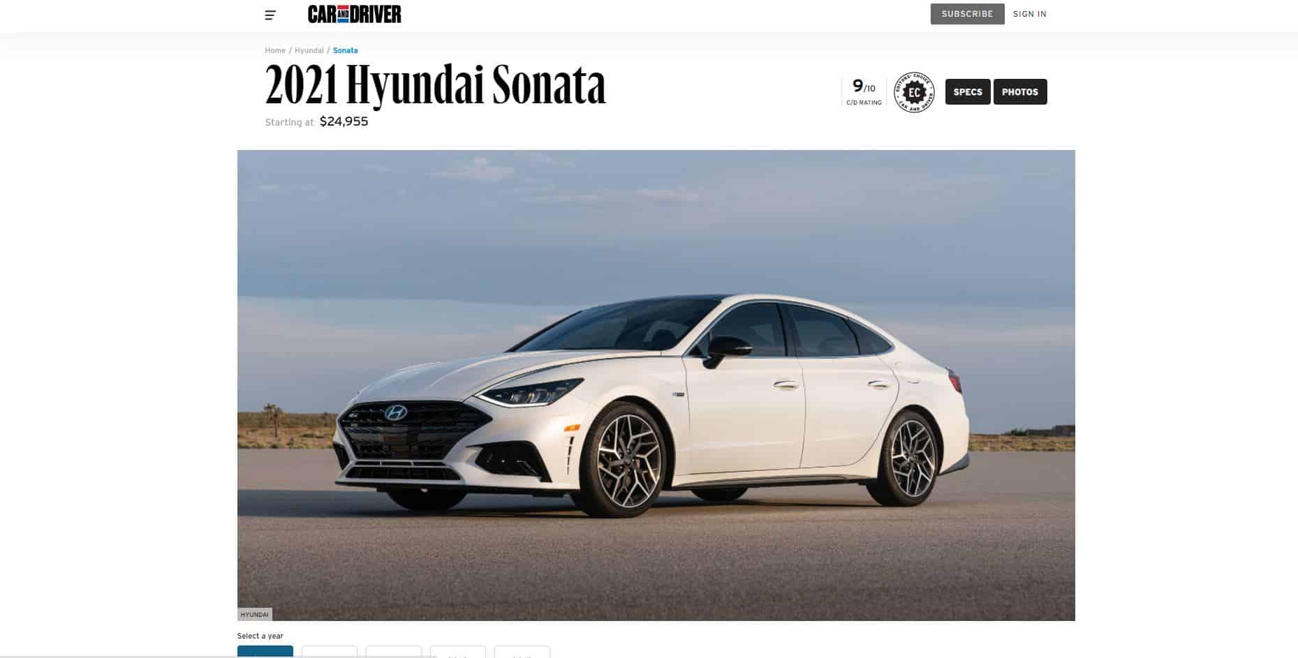 screenshot of 2021 Hyundai Sonata on the car and driver website