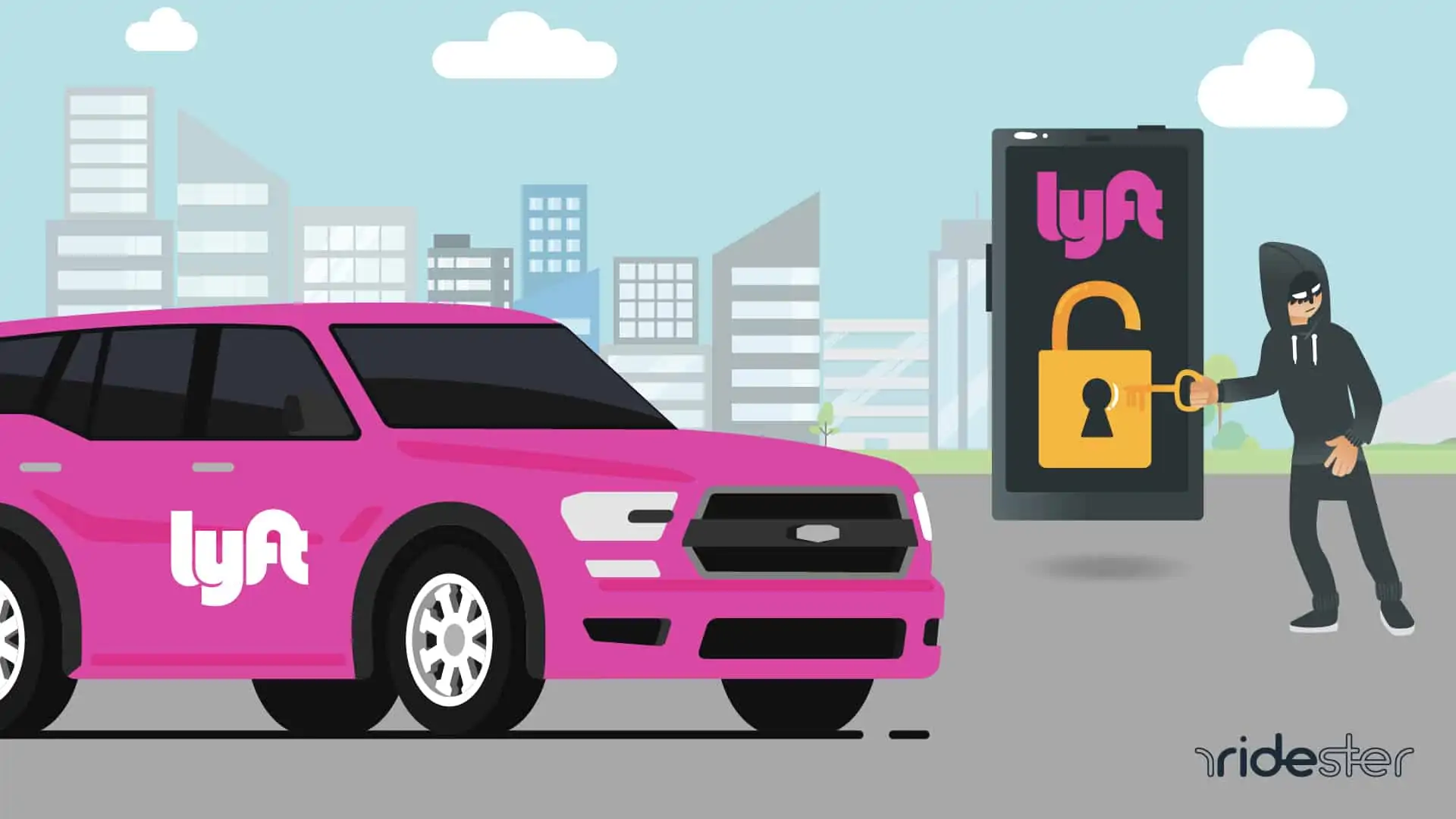 vector graphic showing a lyft vehicle in the foreground and in the background a guy implementing a Lyft free ride hack on a mobile phone running the Lyft app