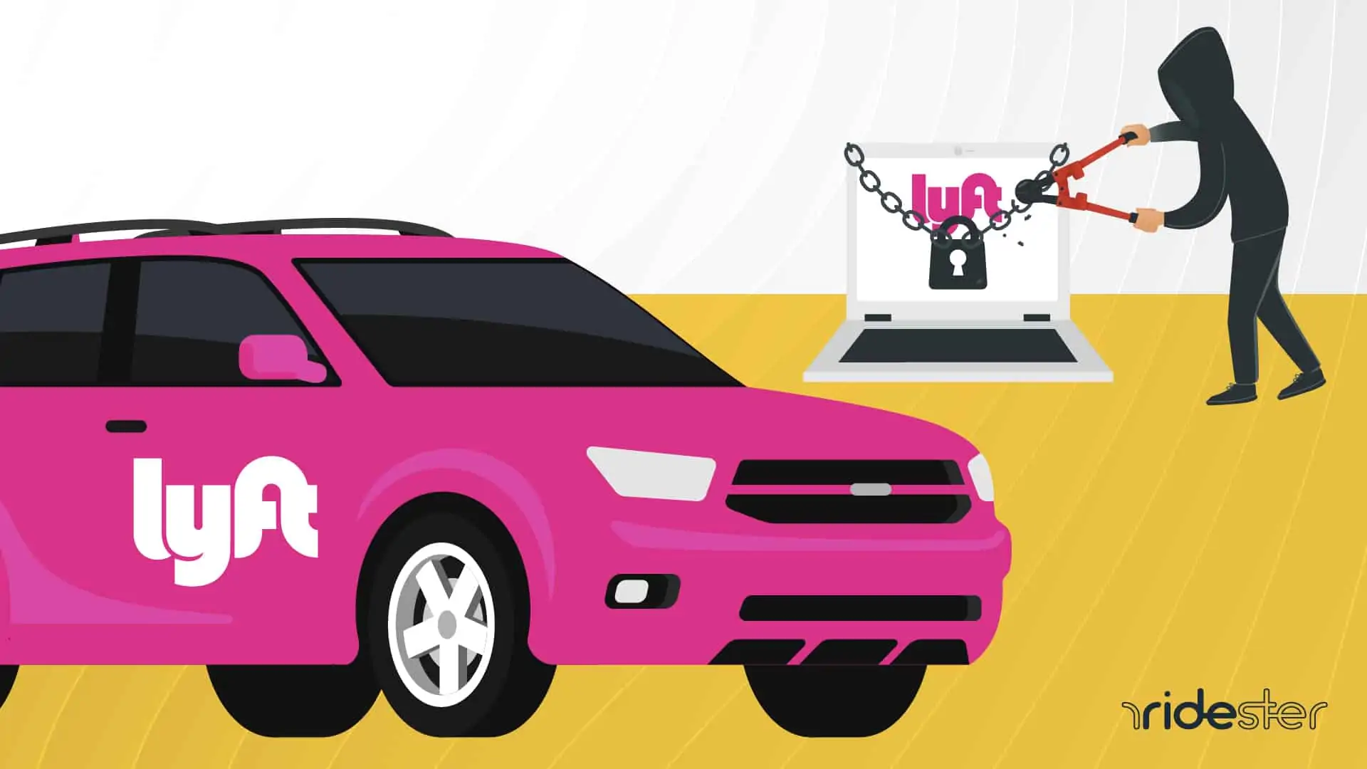 vector graphic showing a lyft vehicle in the foreground and in the background a guy implementing a Lyft free ride hack on a computer