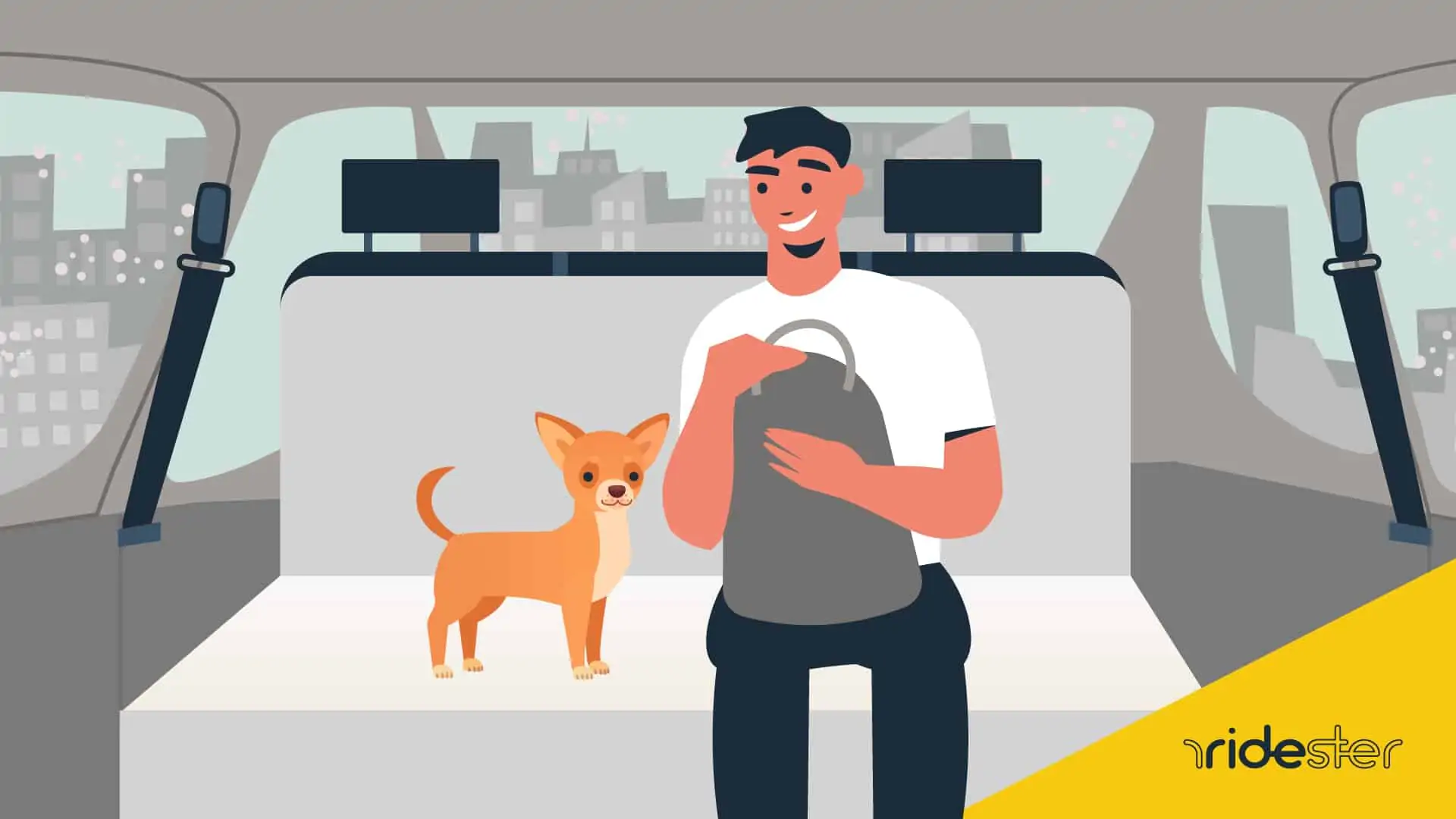 vector graphic showing a man inside of the back set of a lyft vehicle to illustrate the lyft pet policy