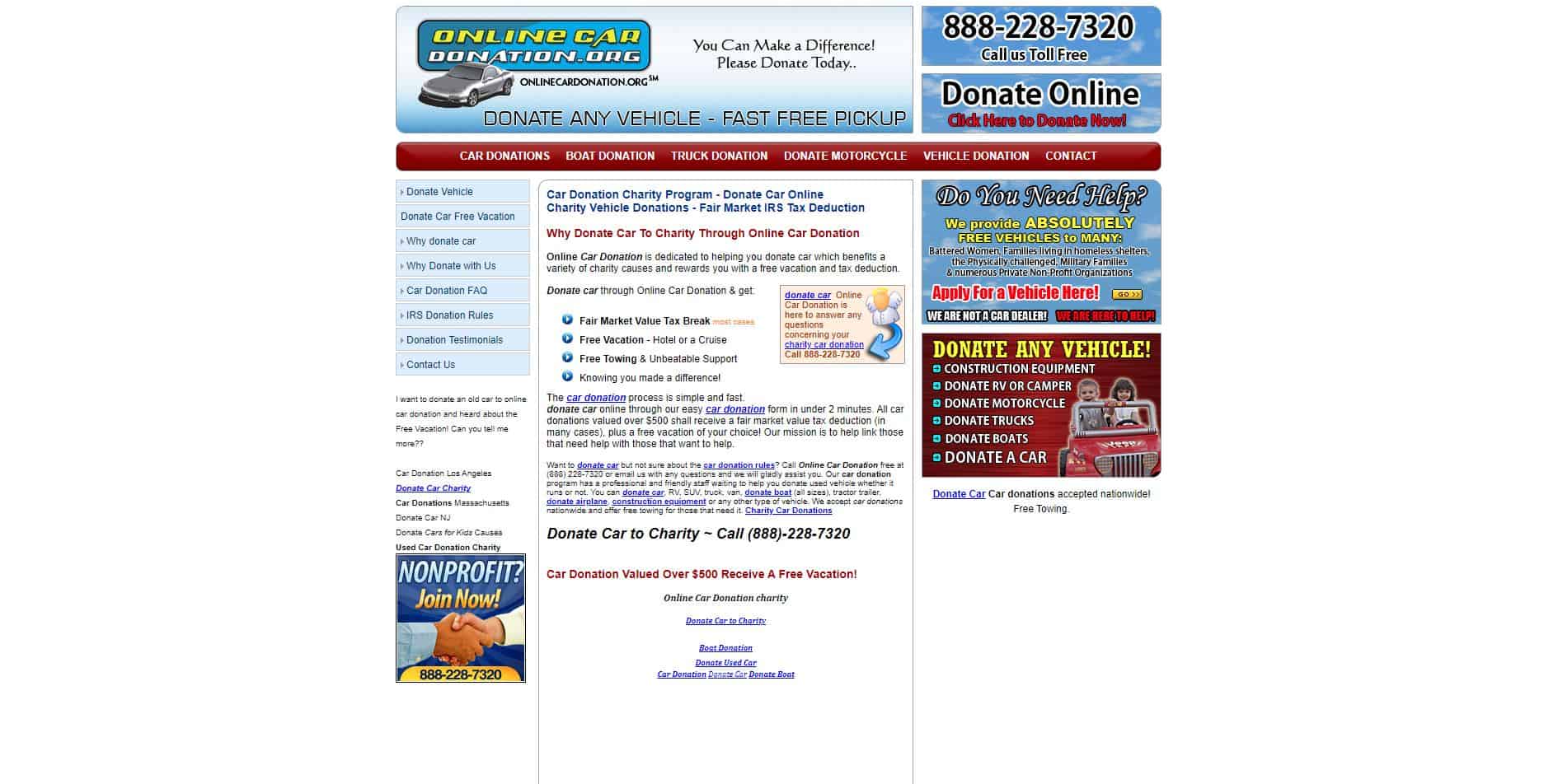 screenshot of OnlineCarDonation.org homepage