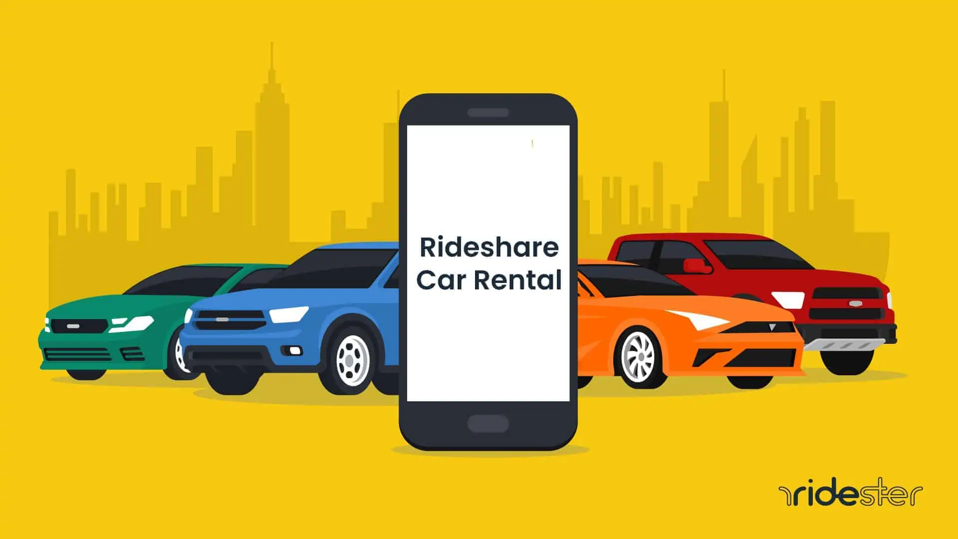 vector graphic showing a smartphone with the words "rideshare car rental" on the screen with cars around the phone for the how to rent a car for uber blog post on ridester.com
