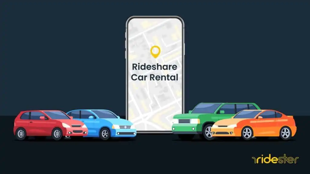 vector graphic showing a smartphone with the words "rideshare car rental" on the screen with cars around the phone for the how to rent a car for uber blog post on ridester.com