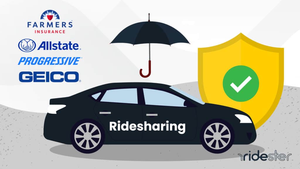 vector graphic showing a ridesharing vehicle surrounded by elements of rideshare insurance