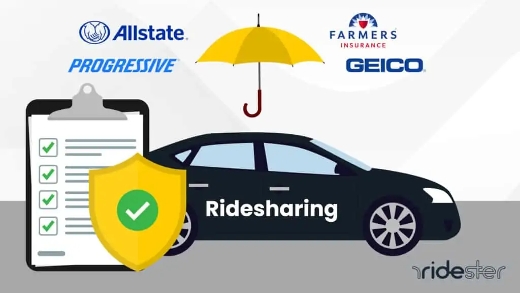 vector graphic showing a ridesharing vehicle surrounded by elements of rideshare insurance