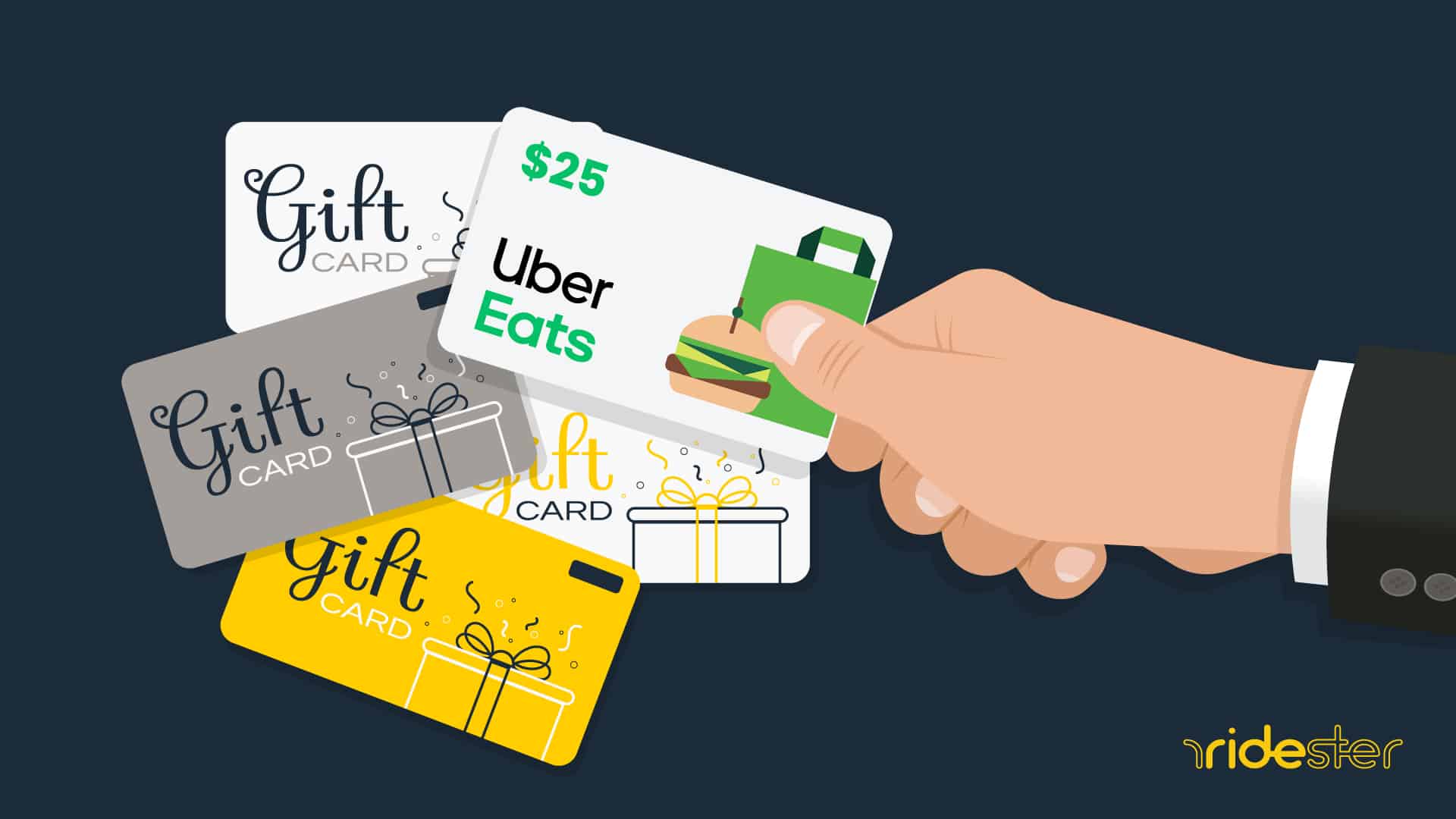 vector graphic showing hand holding an Uber Eats gift card