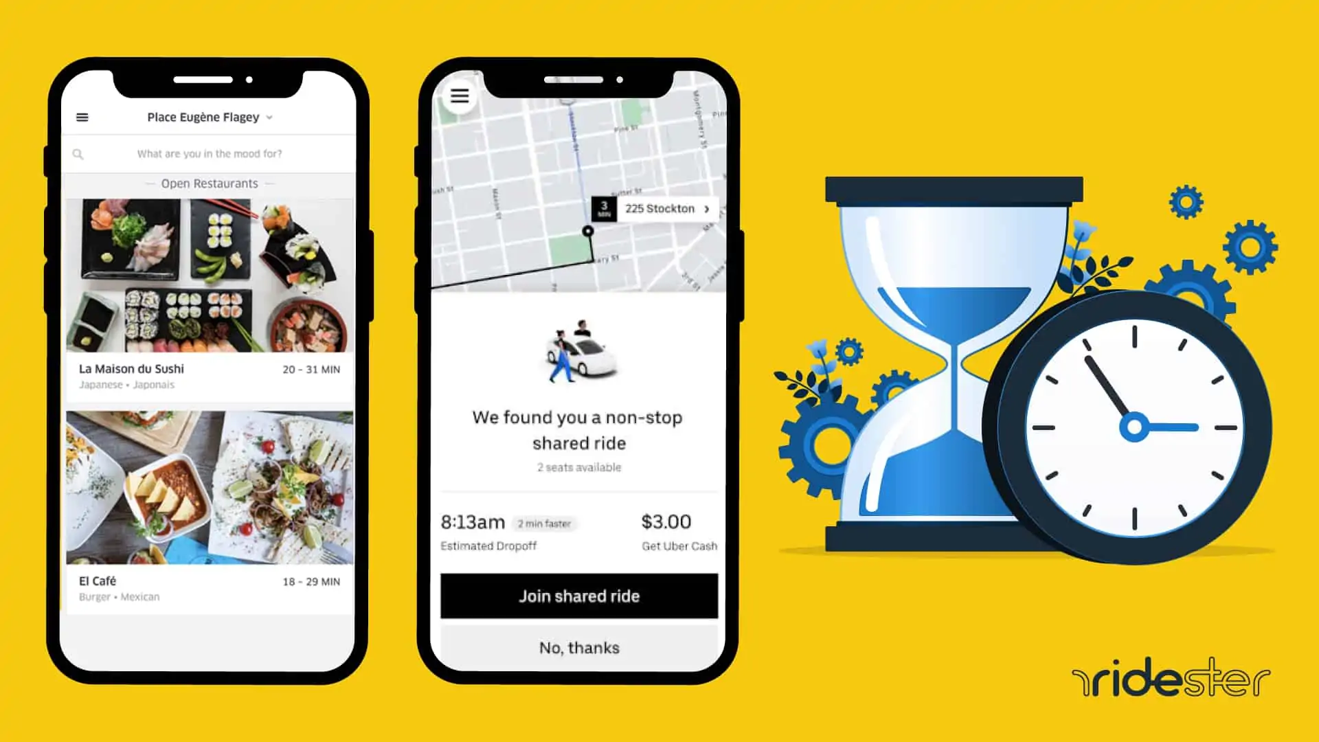 vector graphic showing a phone running the Uber eats app and another running the Uber app with a clock and calendar to display Uber hours between them