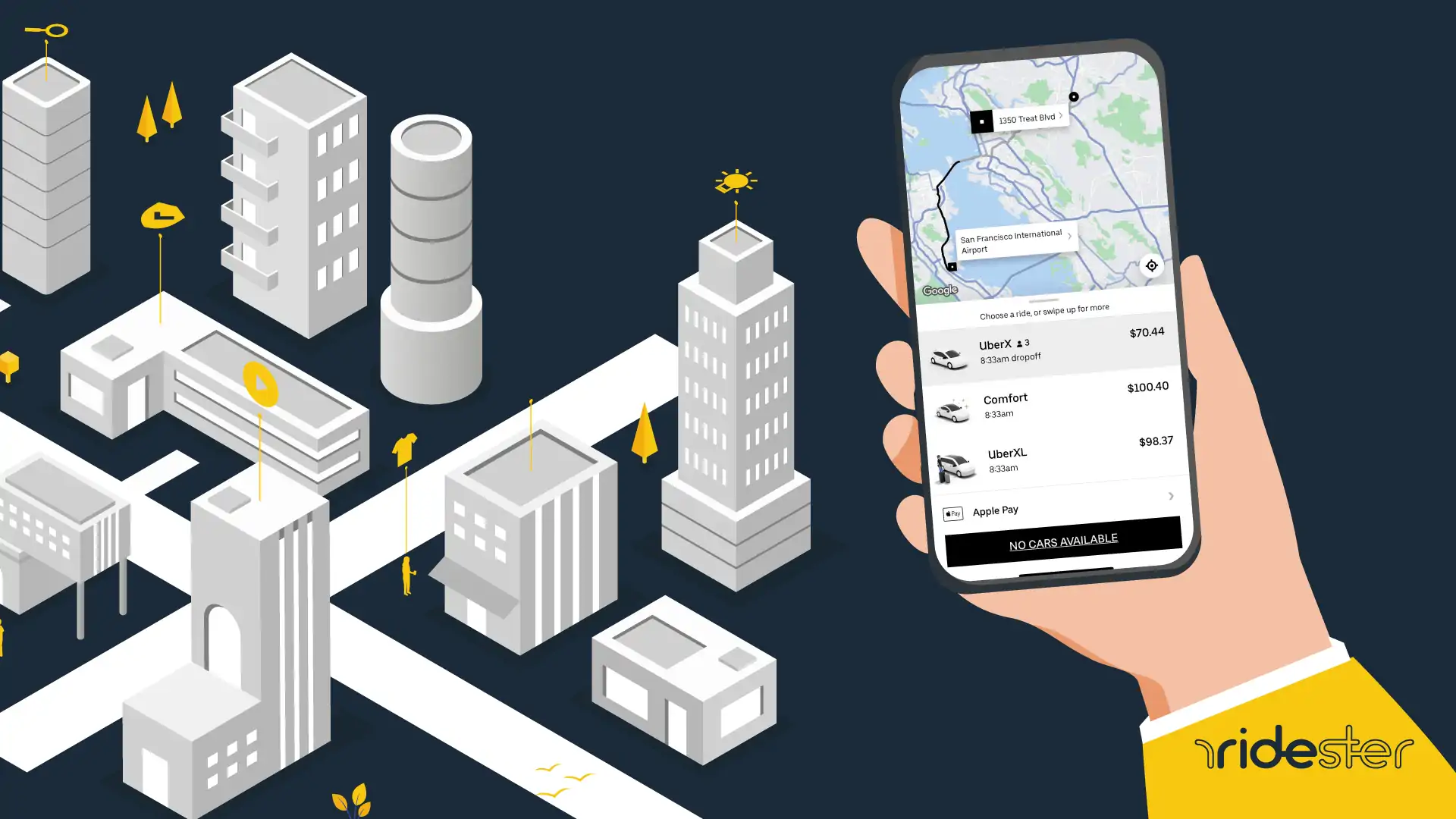 vector graphic showing a city in the background, and a hand holding a phone that displays the "uber no cars available" error message