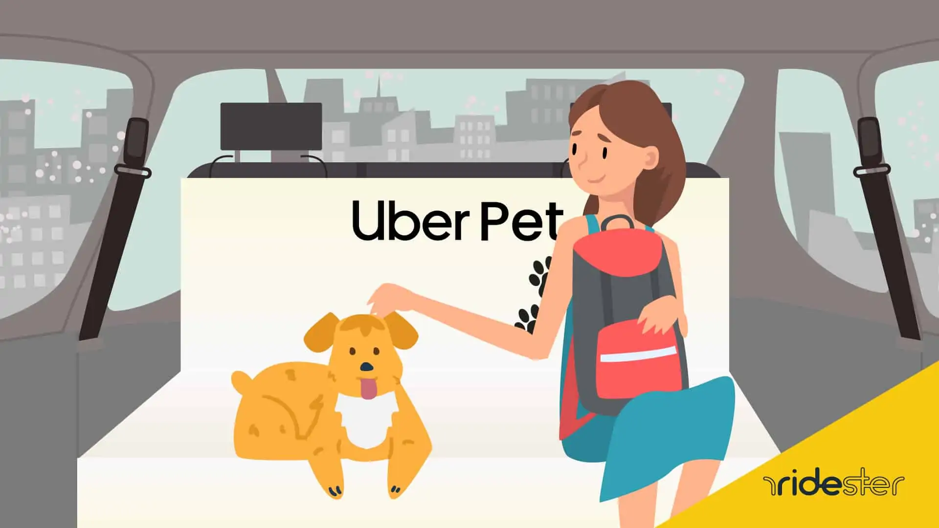 vector graphic showing a woman sitting alongside her dog in an Uber Pet branded vehicle