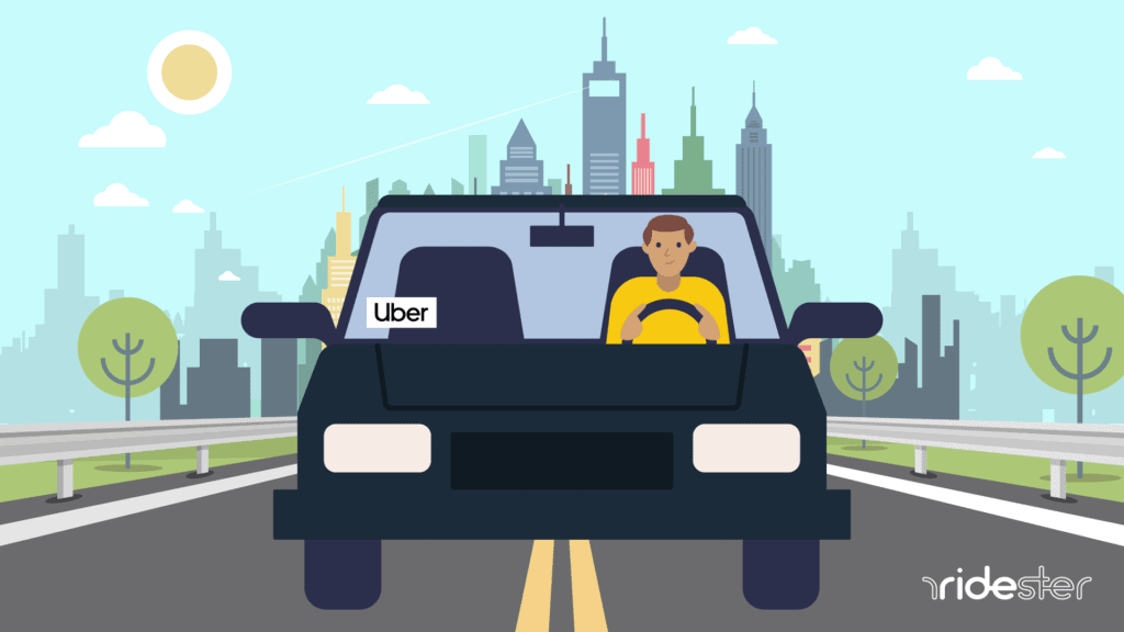 vector graphic showing Uber sticker on the windshield of a car driving down the street