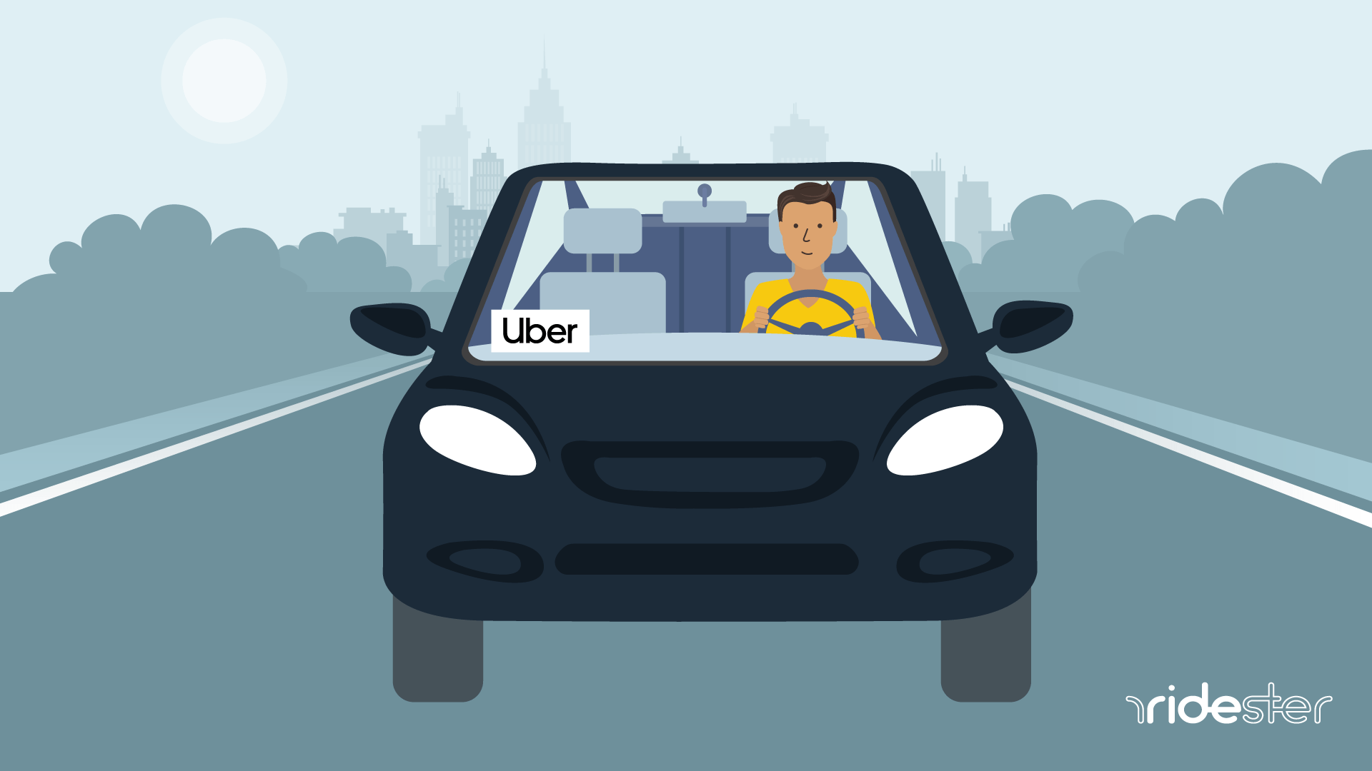 vector graphic showing Uber sticker on the windshield of a car driving down the street