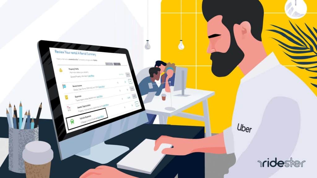 vector graphic that shows a man at a computer with an Uber TurboTax screenshot
