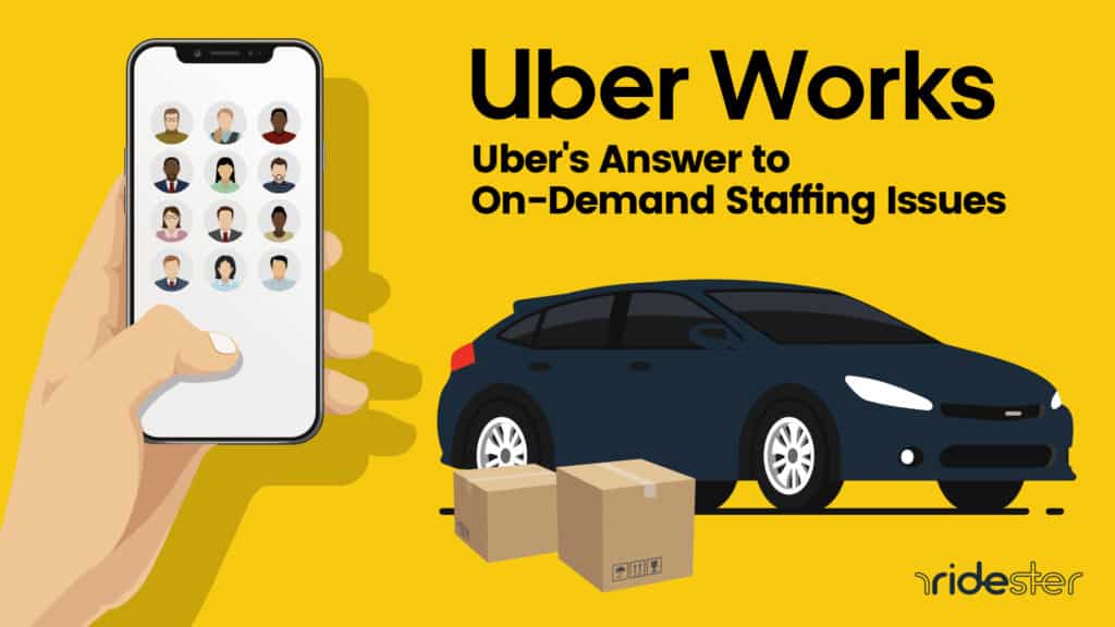 vector graphic showing hand holding phone and a car with the Uber Works title and description below it