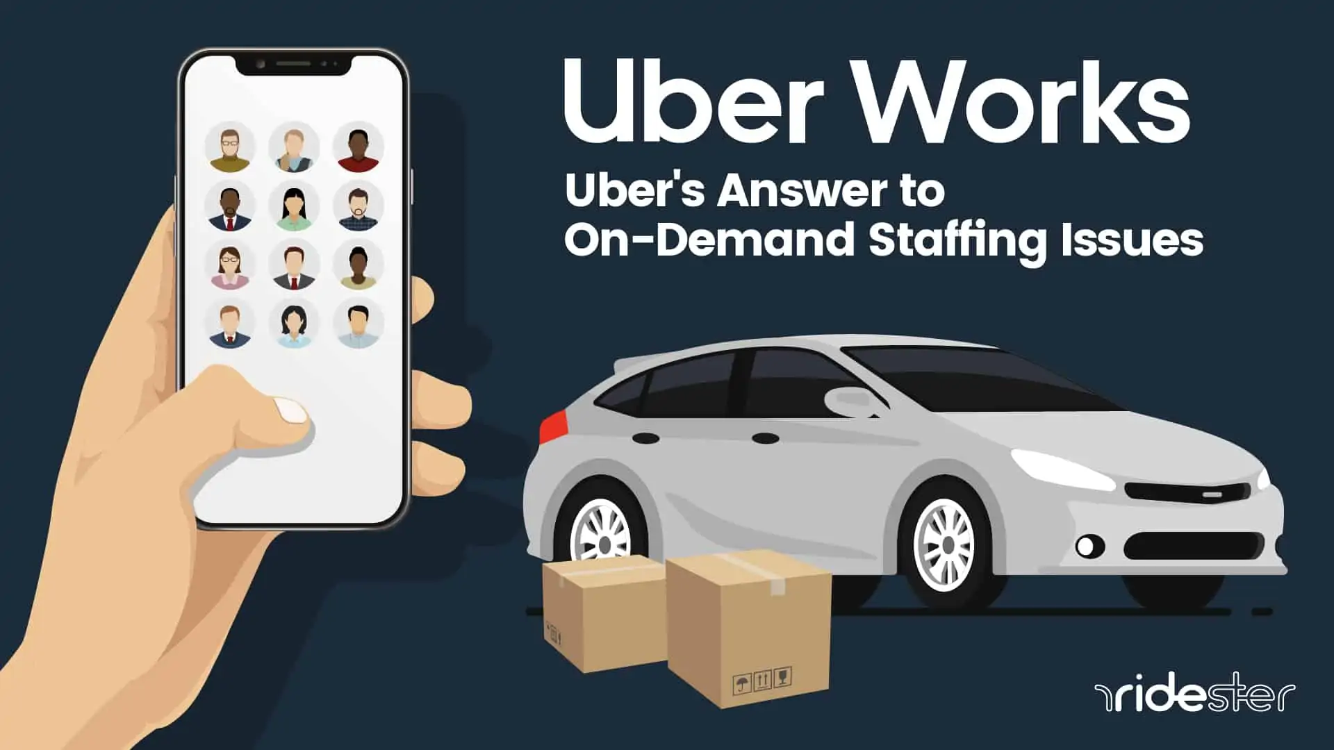 vector graphic showing hand holding phone and a car with the Uber Works title and description below it