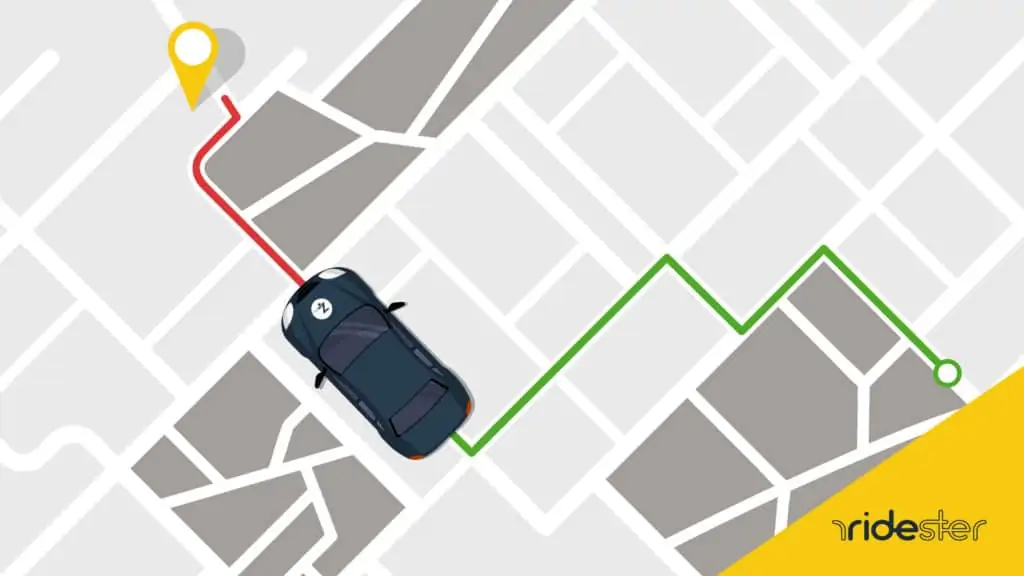 vector graphic showing a Zipcar vehicle driving through a city along a route line to illustrate Zipcar mileage limits