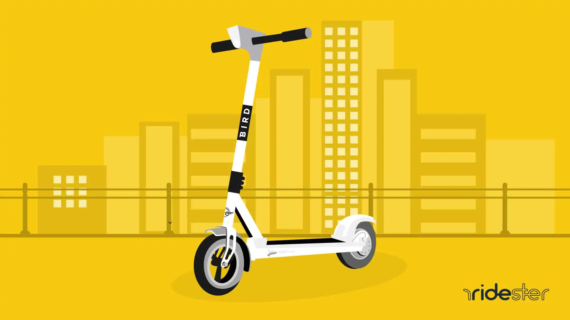 vector graphic showing a bird one electric scooter against a background of a city