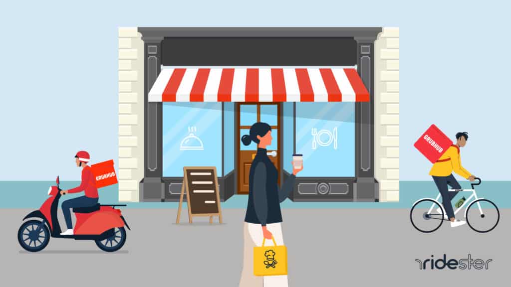 vector graphic showing a food delivery customer using the grubhub pickup option at a restaurant