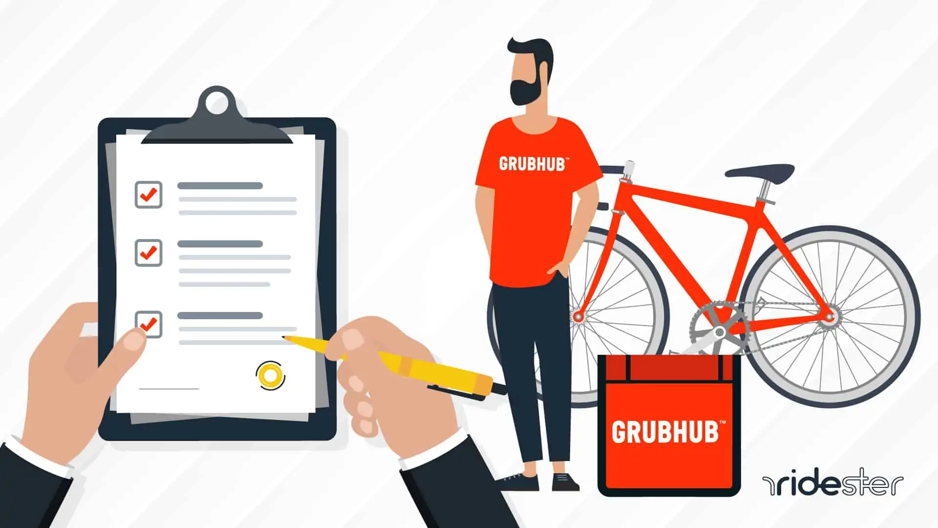 vector graphic showing a hand holding a clipboard and evaluating a potential driver for grubhub requirements