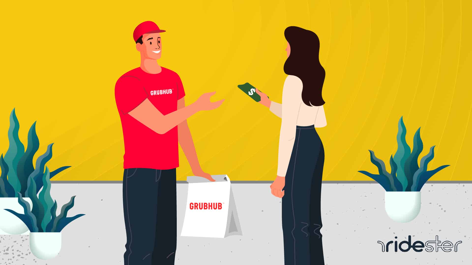 a vector graphic showing a grubhub tipping taking place