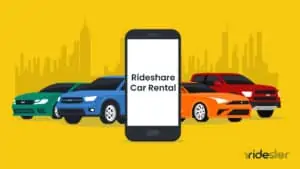 vector graphic showing rideshare car rentals in a line around a mobile phone graphic