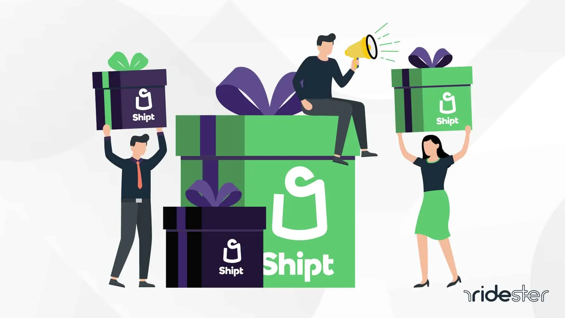 vector graphic showing a bunch of shipt shoppers holding shipt shopper bonus icon packages