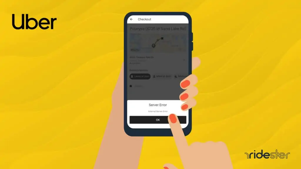 vector graphic showing a hand holding a mobile phone that is displaying an uber eats server error on the screen