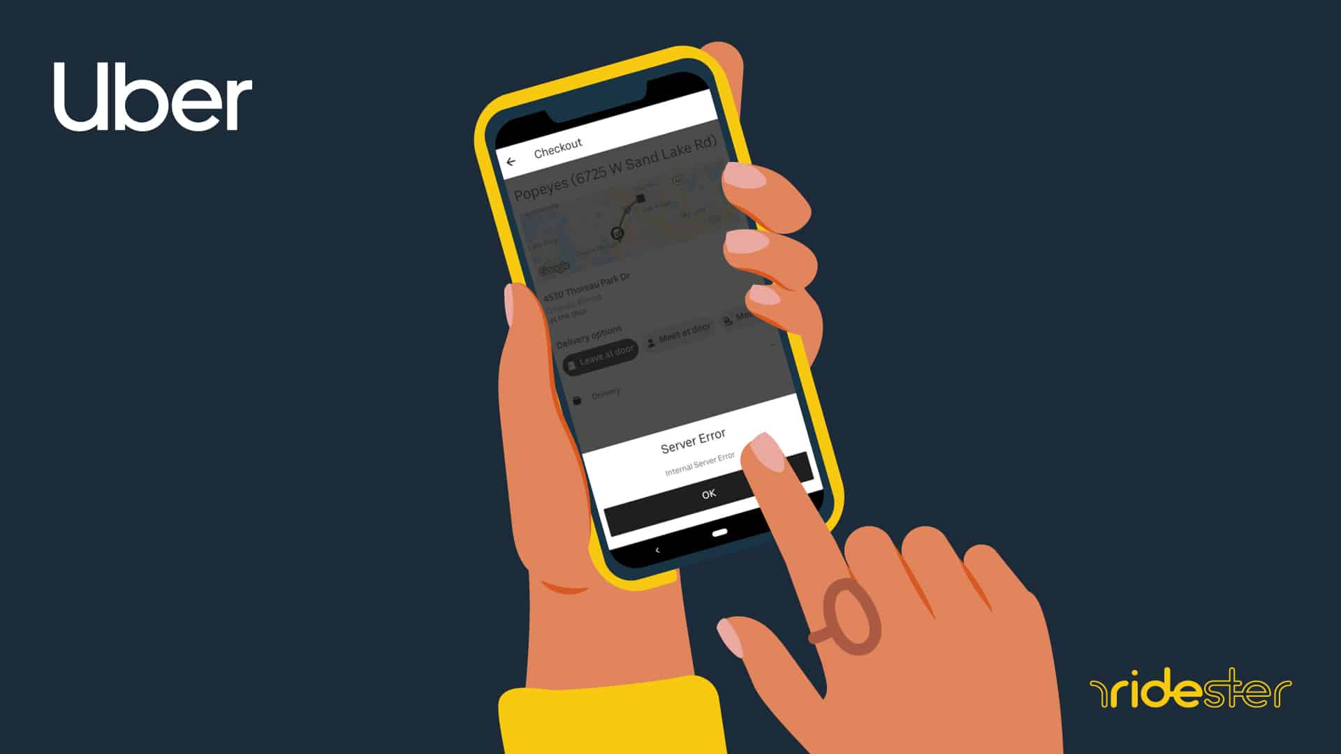 vector graphic showing a hand holding a mobile phone that is displaying an uber eats server error on the screen