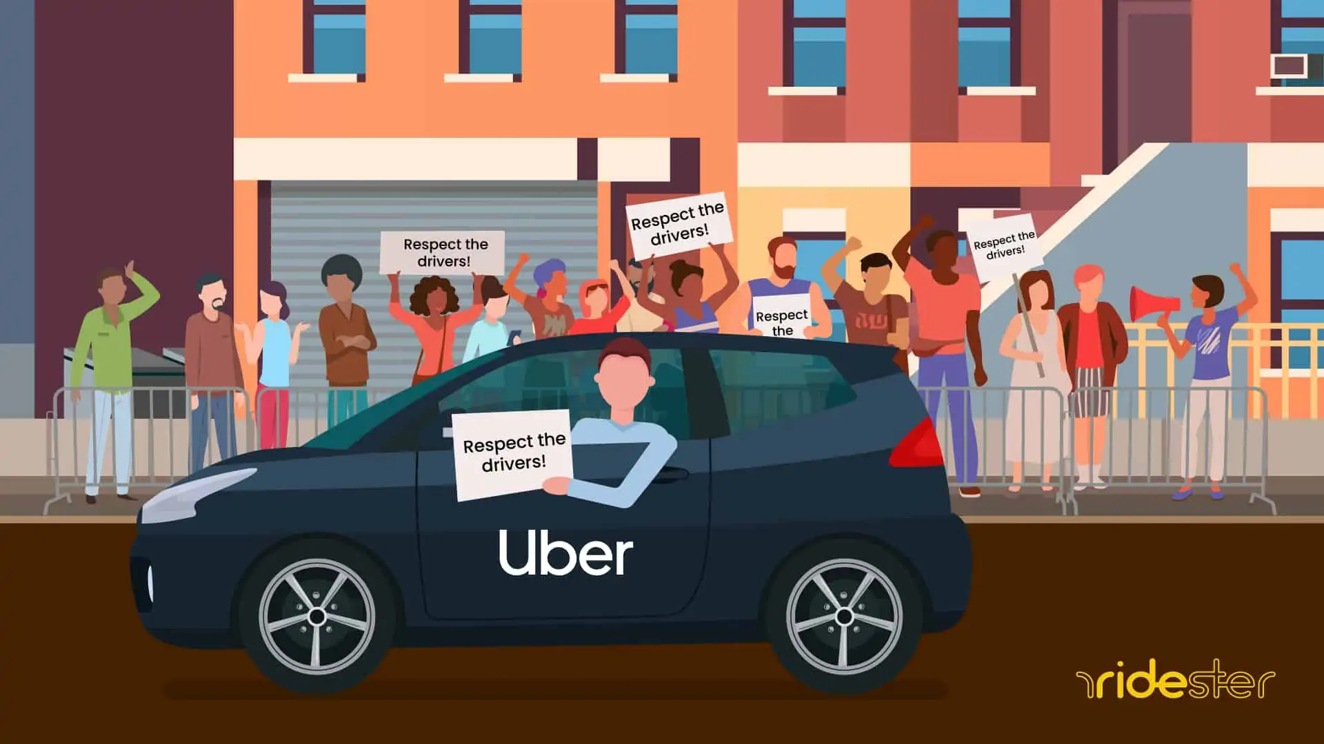 vector graphic showing a line of people protesting outside a building for uber unemployment benefits