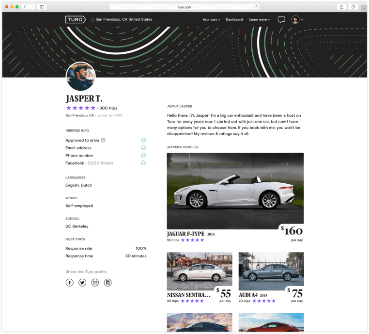 screenshot of the turo commercial host backend
