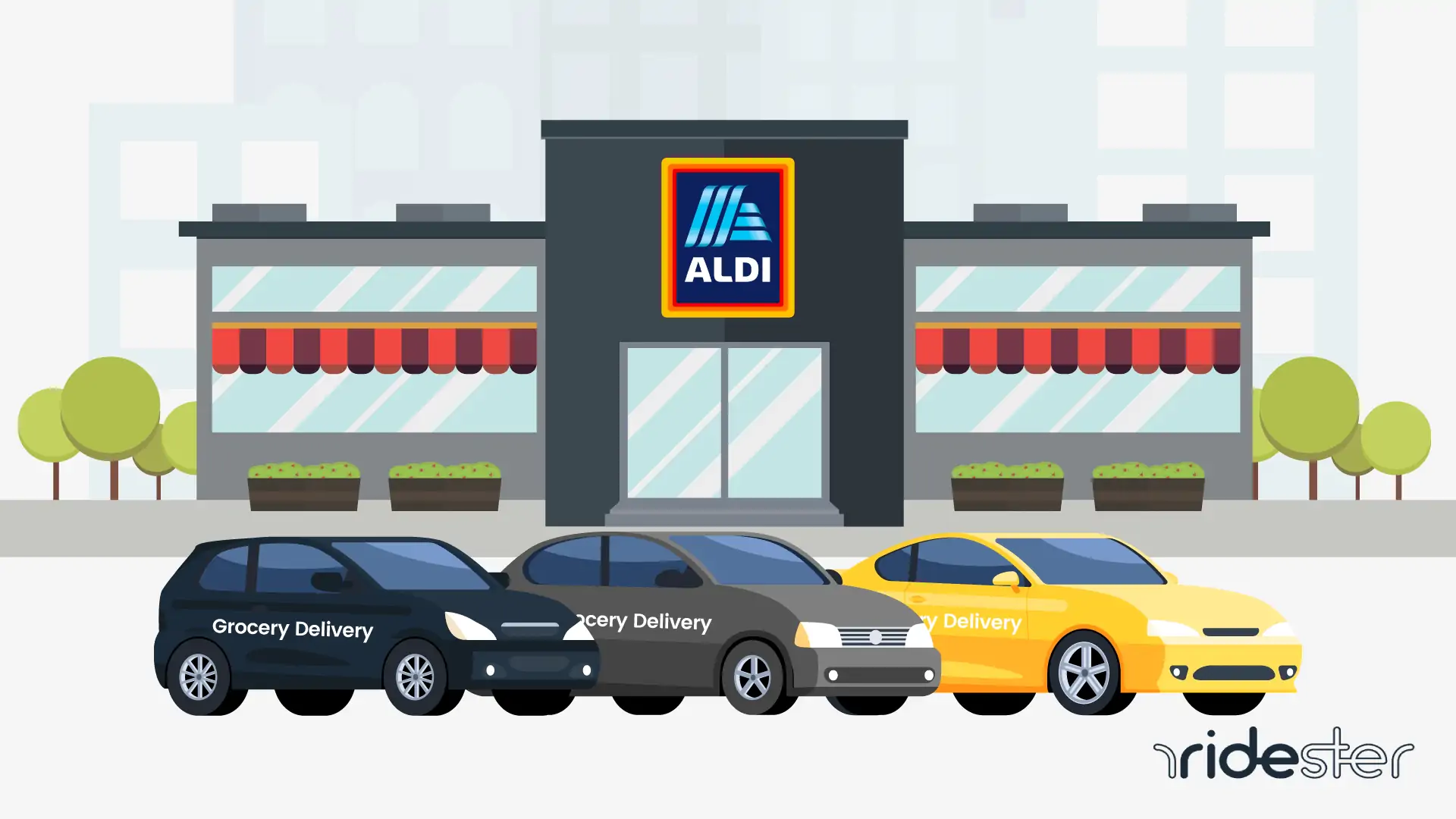vector graphic showing aldi delivery vehicles outside of an aldi store in the parking lot