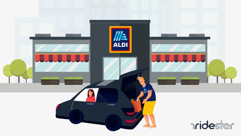 vector graphic showing a man loading an order of aldi pick up groceries into the trunk of a vehicle outside of an Aldi store