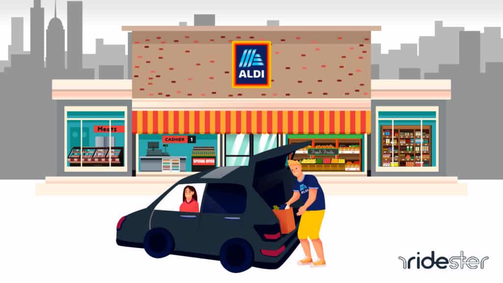 vector graphic showing a man loading an order of aldi pick up groceries into the trunk of a vehicle outside of an Aldi store