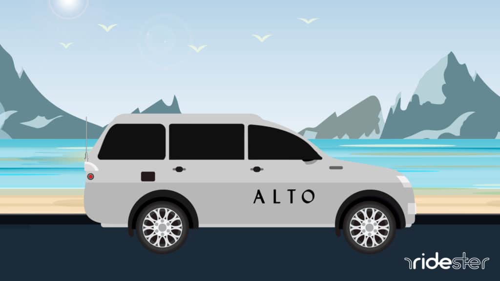 vector graphic showing an alto rideshare vehicle driving next to a beach
