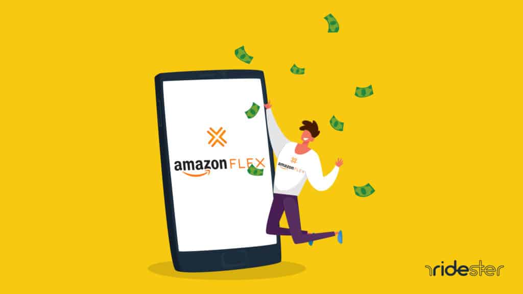 vector graphic showing various elements of amazon flex payment, including a driver jumping because he just got paid