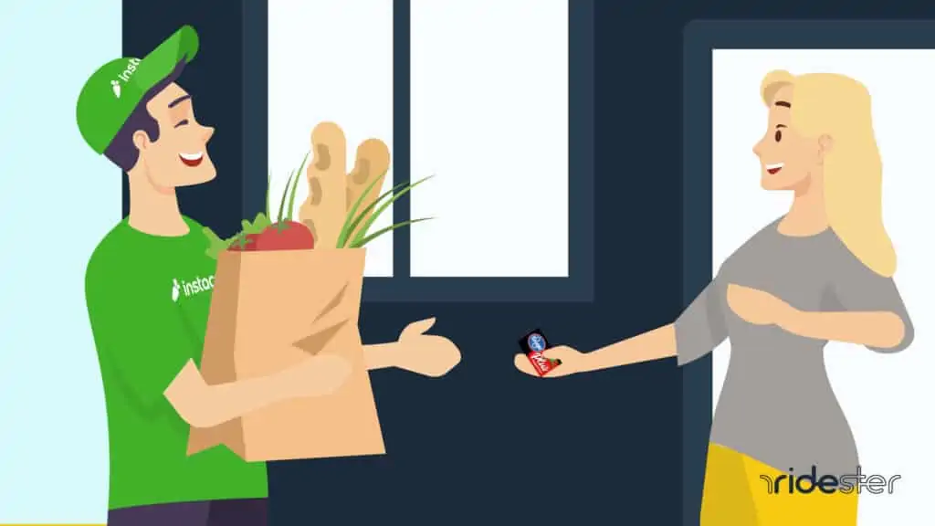 vector graphic showing an Instacart Shopper delivering groceries and a woman handing him a Kroger card wondering can you use a kroger card on instacart